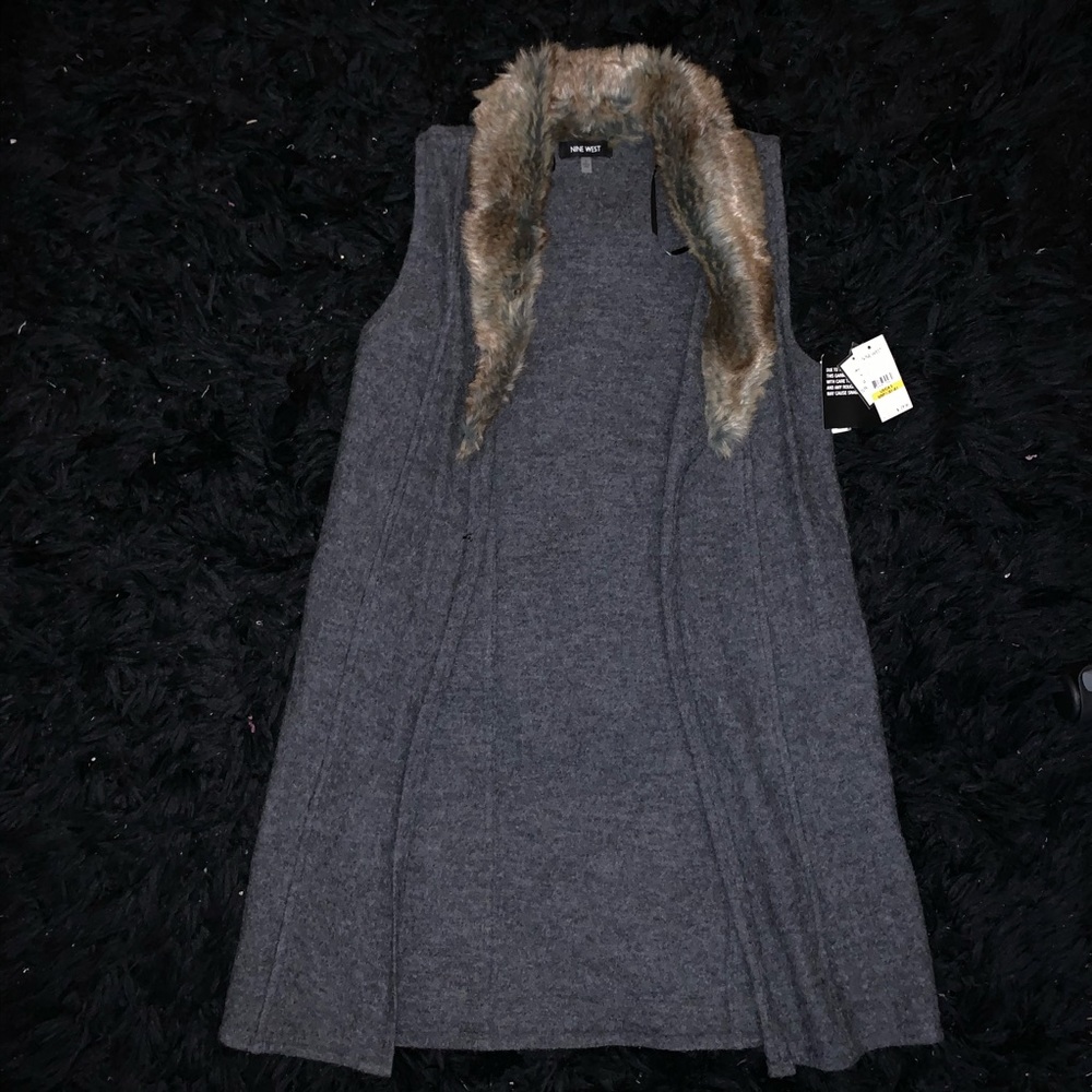 Nine West Charcoal Faux Fur Trim Vest